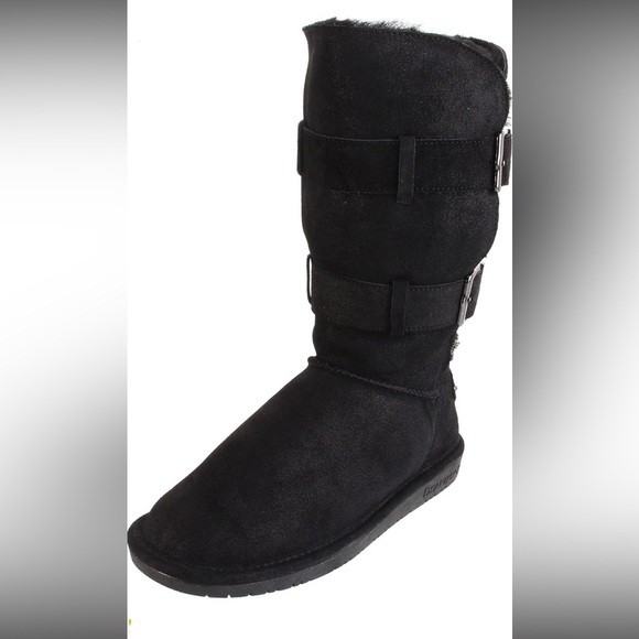 BearPaw Black Sheepskin Suede Leather Lace-Up Mid-Length Tall Shearling Boots - Picture 6 of 13